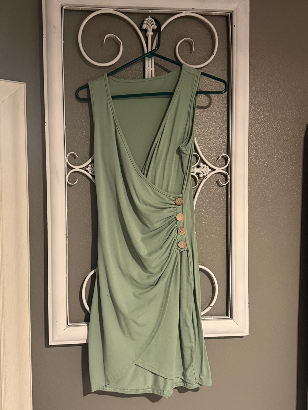 Sleeveless Sage Green Wrap-Style Dress with Side Button Detail